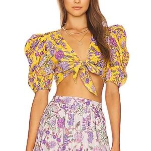 HEMANT & NANDITA Yellow and Purple Floral crop top tie front top size small